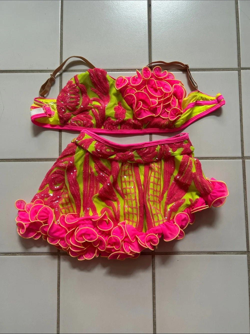 Girls Neon Pink & Lime Ruffle Dance Costume - Two-Piece Performance Set